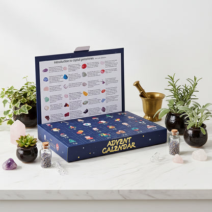 Advent calendar with crystal gemstone information on a white background