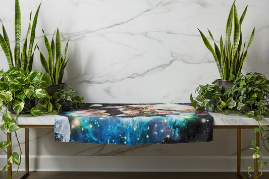 Tapestry with a cat wearing goggles in a space-themed setting