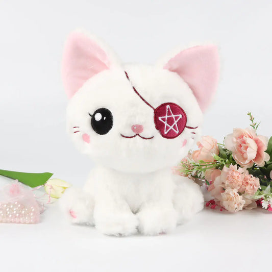 White plush cat toy with pink ears and a red pentacle symbol on a white background with flowers.