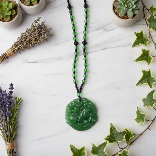 Green jade pendant on a beaded necklace held in a hand against a beige background