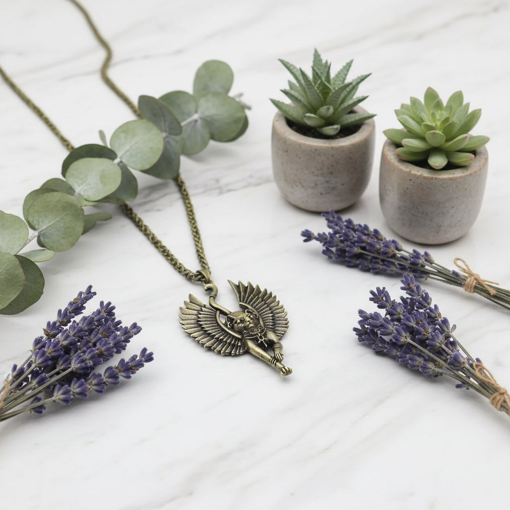 Bronze winged cat pendant on a chain against a stone background