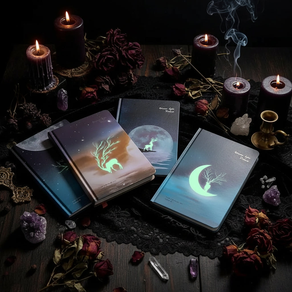 Luminous Journal - Sorceress Sanctuary Drinking water deer-Full Moon Fawn-Crescent Fawn-Roosting fawn