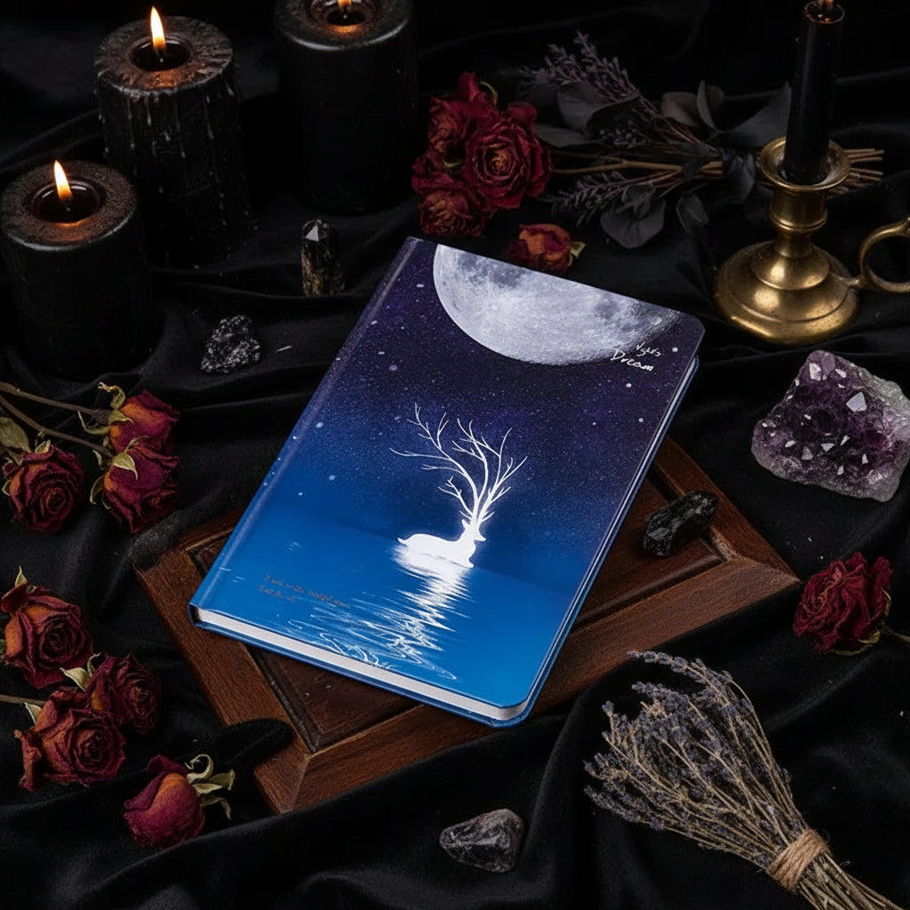 Luminous Journal - Sorceress Sanctuary Drinking water deer-Full Moon Fawn-Crescent Fawn-Roosting fawn
