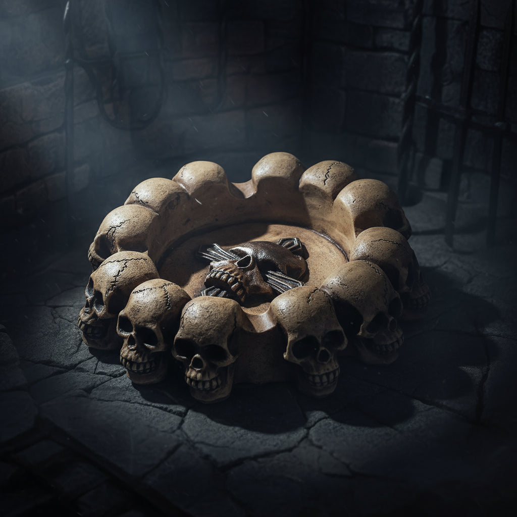 Decorative item with skulls and a central design on a white background