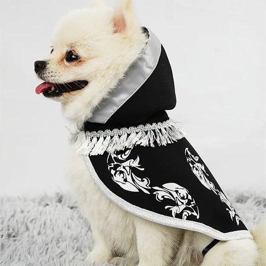 Small white dog wearing a black and white patterned outfit with fringes on a light gray background