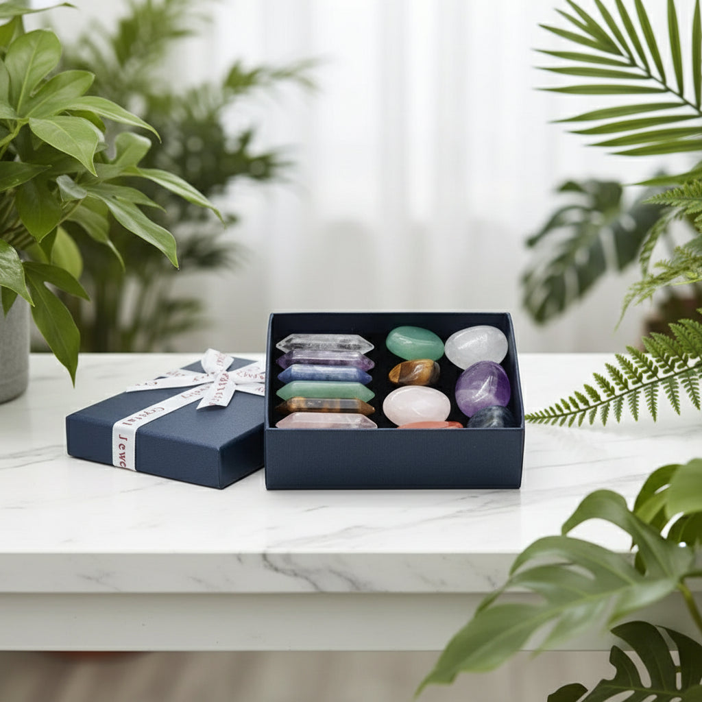 Box of colorful crystals with a ribbon on a white background