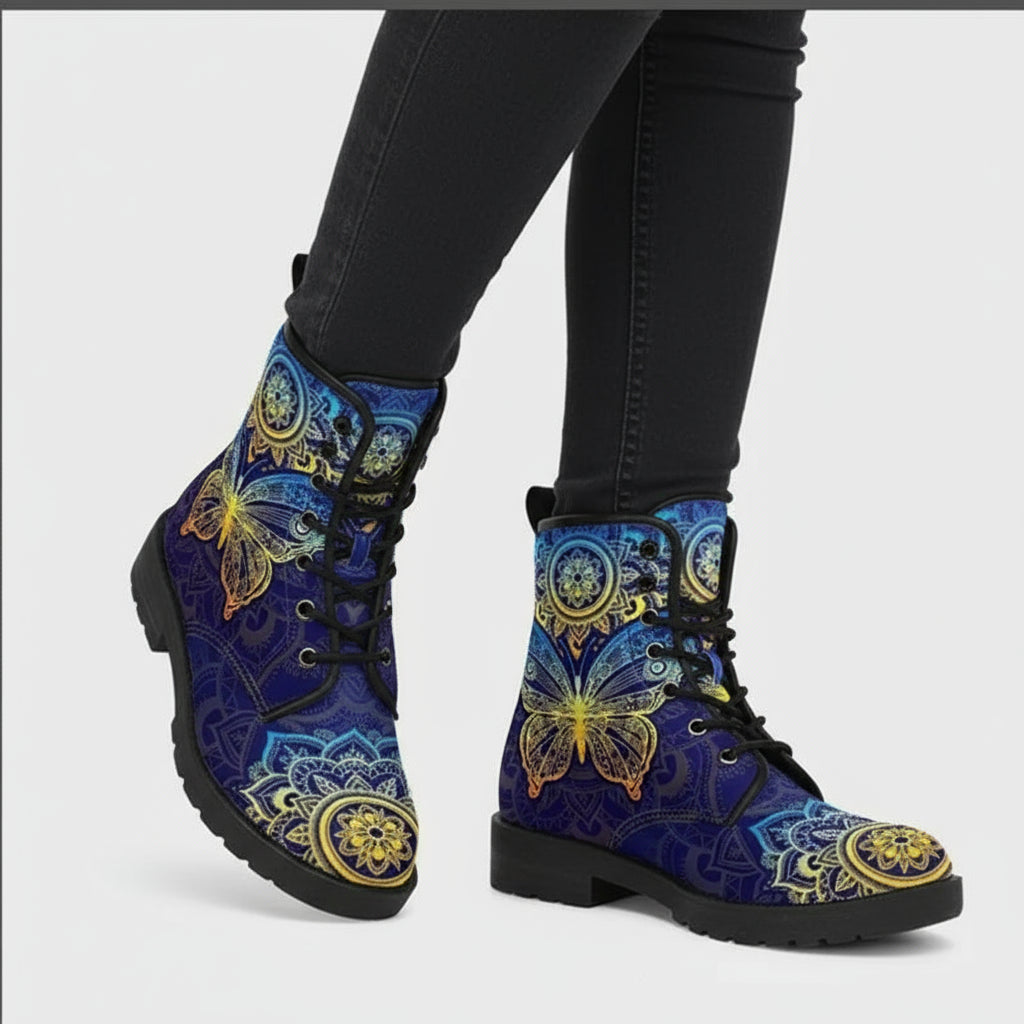 Blue boots with butterfly designs worn by a person on a white background