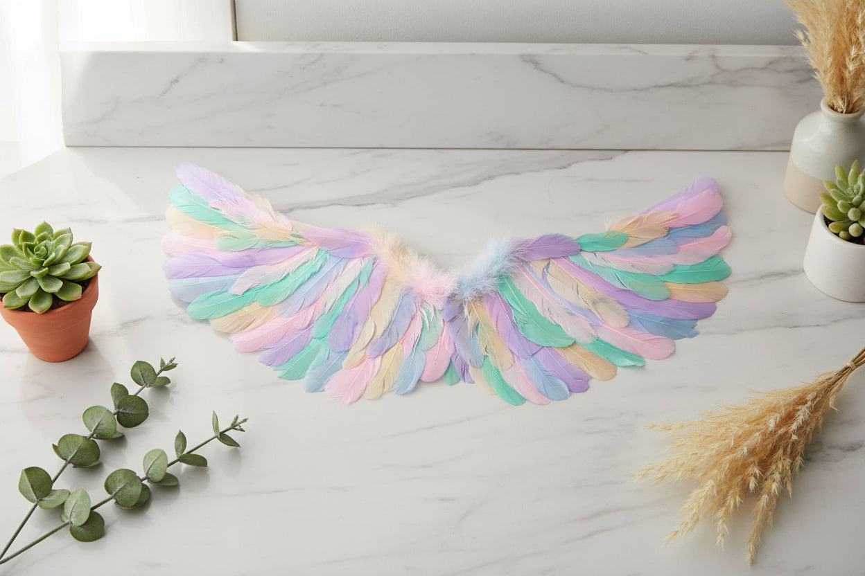 Pastel-colored angel wings on a black background