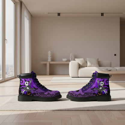 Purple boots with Halloween-themed design in a box