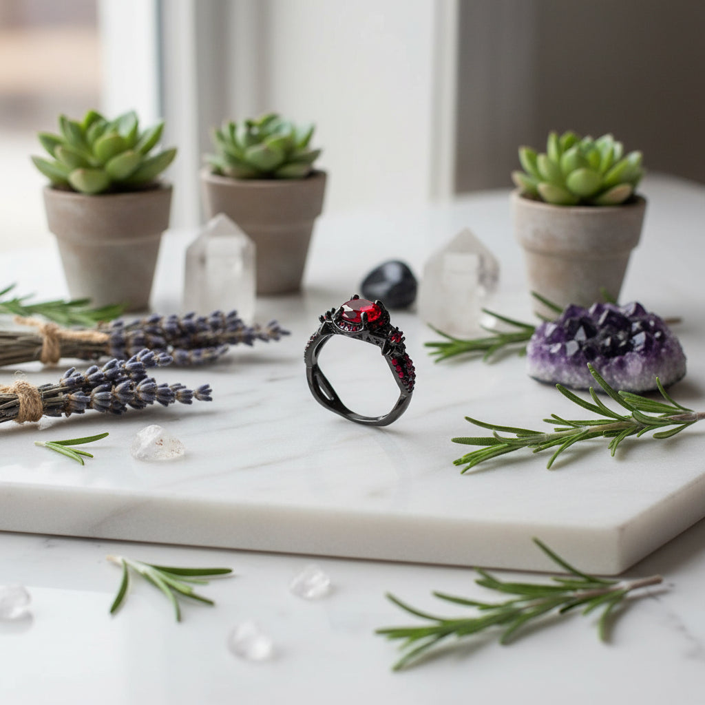 Black ring with a red gemstone on a white background