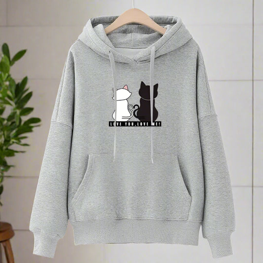 Gray hoodie with cat design on a white background