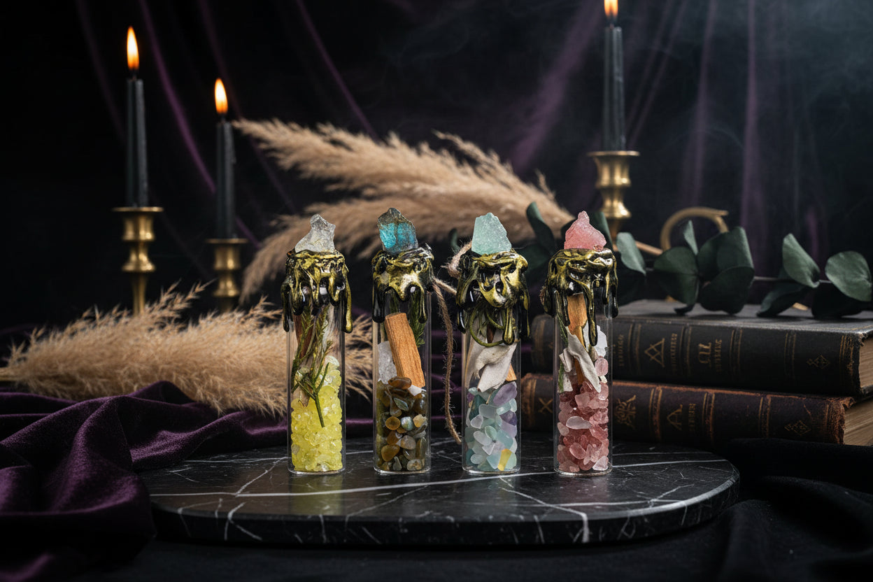 Magic Crystal Bottles - Sorceress Sanctuary Citrine-Amethyst-Lapis Lazuli-Strawberry Quartz-White Crystal