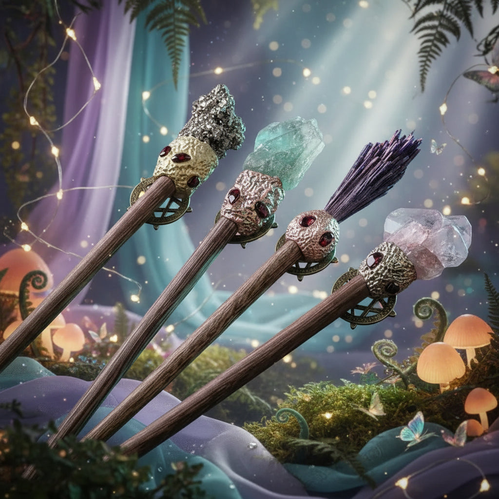 Magic Stone Wand - Sorceress Sanctuary Amethyst Column / Total Length 33to36cm-Floral Pine / Total Length 33to36cm-Green Fluorite / Total Length 33to36cm-Pyrrhotite / Total Length 33to36cm-Tourmaline Purple / Total Length 33to36cm
