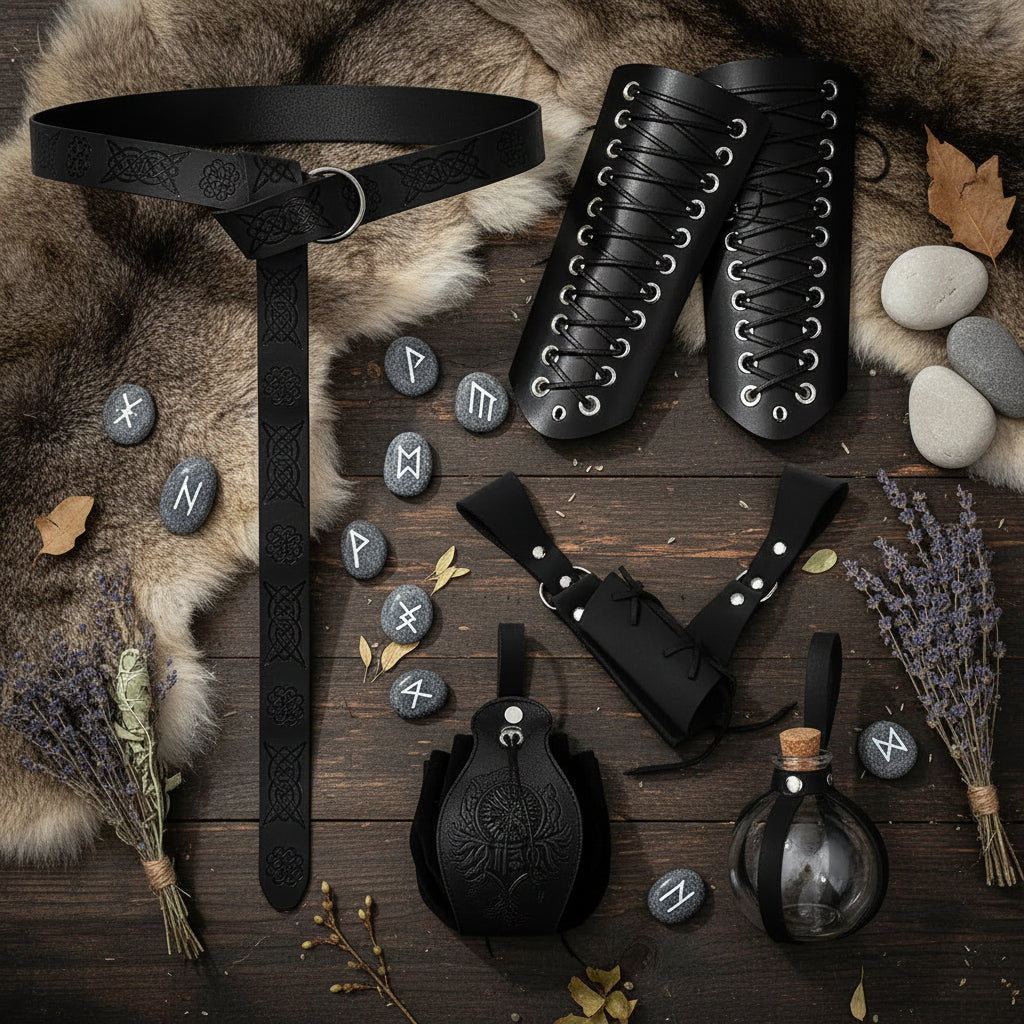Medieval Accessories Set - Sorceress Sanctuary Black right hand sword drawing-Black left-hand sword drawing-Coffee left hand draw sword-Brown right hand draw sword