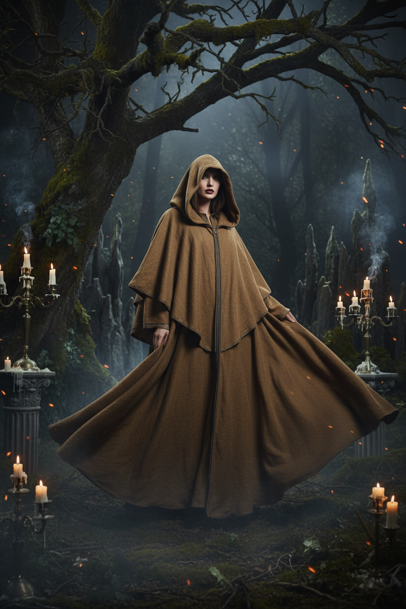 Medieval Hooded Cloak with Long Sleeves for Cosplay Sorceress Sanctuary