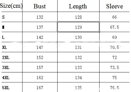 Table displaying measurements for different sizes of a garment including bust, length, and sleeve.