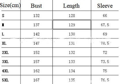 Table displaying measurements for different sizes of a garment including bust, length, and sleeve.