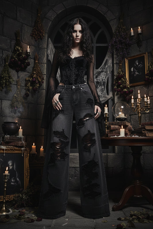 Dark Black Ripped Wide Leg Denim Jeans Sorceress Sanctuary