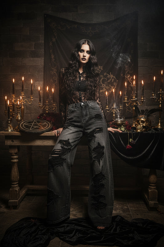 Dark Black Ripped Wide Leg Denim Jeans Sorceress Sanctuary