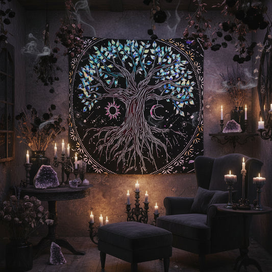 Tree of Life tapestry with colorful leaves on a black background, hanging above a white sofa.