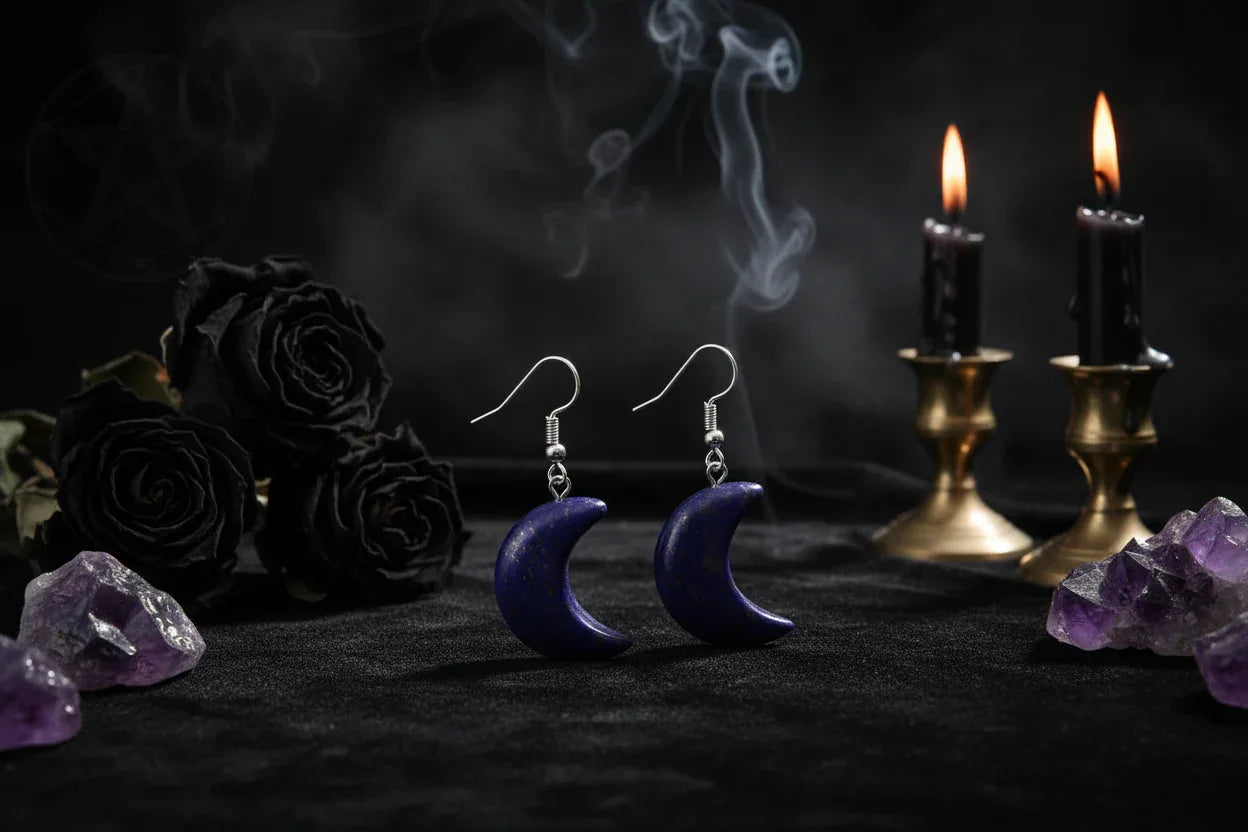 Moon Earrings - Sorceress Sanctuary White Crystal-Green East Mausoleum-Blitorite-Red Tiger Stone-Amethyst