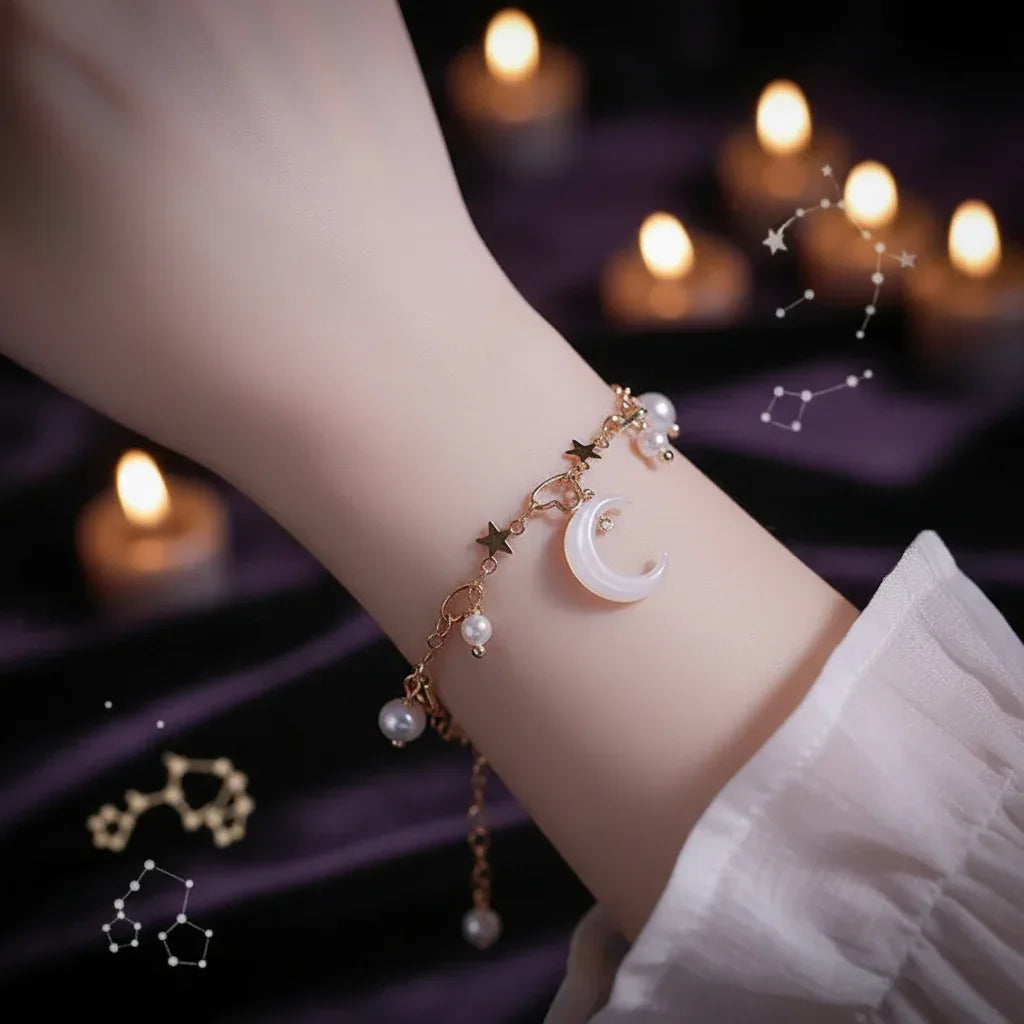 Moon Pearl Bracelet - Sorceress Sanctuary Crescent Pentagram Bracelet