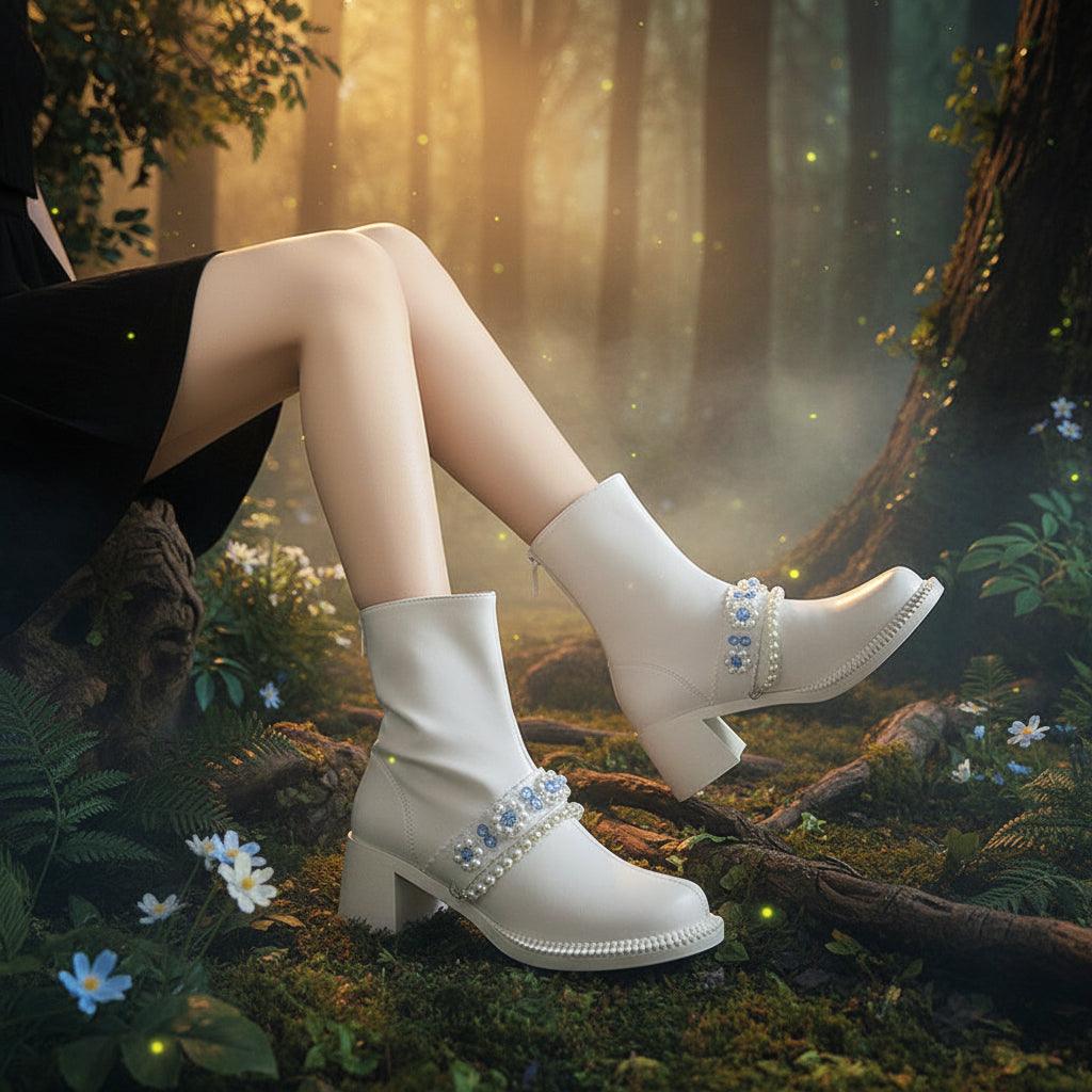 White ankle boots with decorative elements worn by a person sitting on a chair.