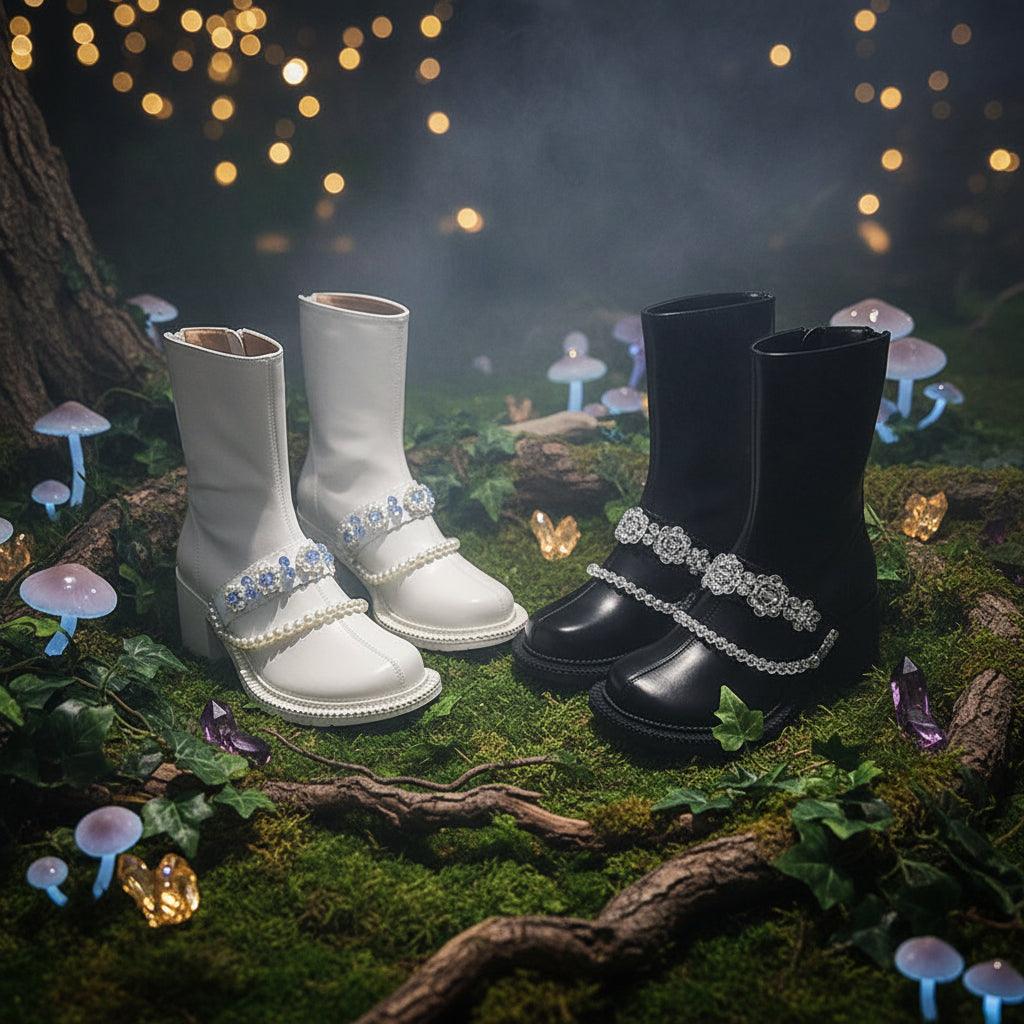 Pair of white boots with decorative straps and a pair of black boots with similar design on a gray surface.