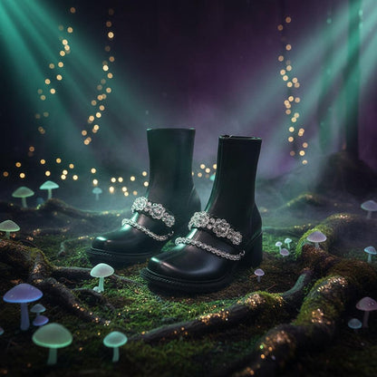 Black ankle boots with decorative straps on a neutral background