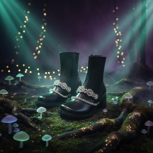 Black ankle boots with decorative straps on a neutral background