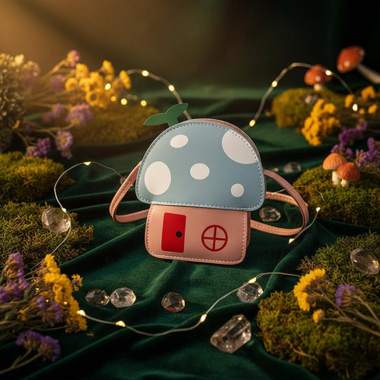 Small pouch shaped like a mushroom with a red label on a light surface