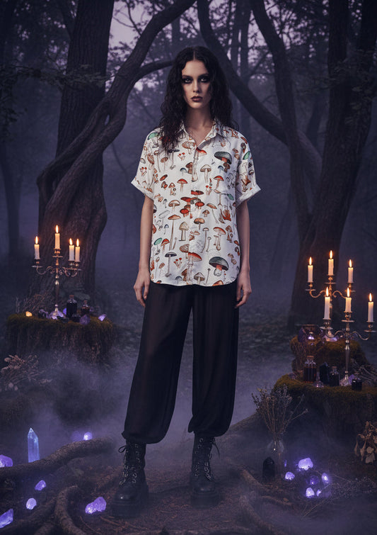 Short-sleeve shirt with mushroom pattern on a white background