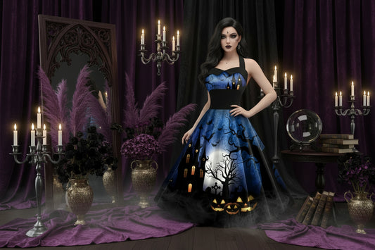 Mystic Halloween Dresses - Sorceress Sanctuary Spiderwebs & Halloween Chest / S-Spiderwebs & Halloween Chest / M-Spiderwebs & Halloween Chest / L-Spiderwebs & Halloween Chest / XL-Spiderwebs & Halloween Chest / 2XL