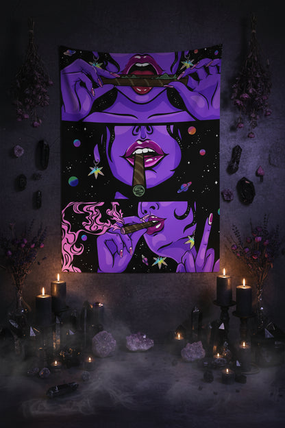 Wall art with a purple abstract design of a face and hands, displayed on a wall with dimensions indicated.