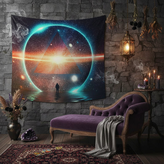 Tapestry with a space-themed design hanging on a wall in a room.