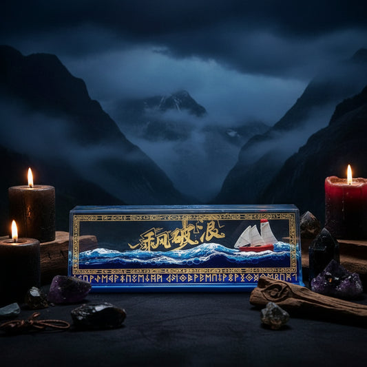 Model ship in a container with ocean background and text overlay