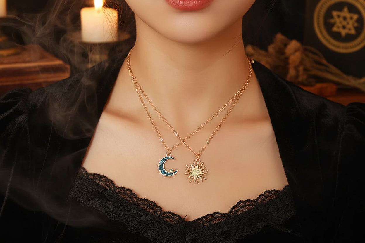 Necklace with moon and sun pendants on a person's neck