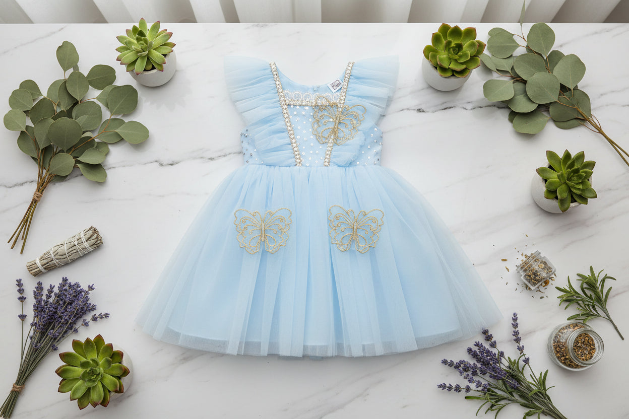 Light blue dress with gold butterfly designs on a white background