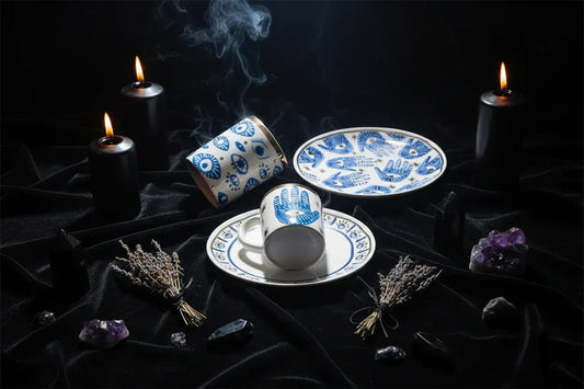 Nordic Evil Eye Tableware - Sorceress Sanctuary Figure / Small eye jar-Figure / Handprint Cup and Saucer-Figure / Handprint 8 inch disc-Figure / Eyes 8 inch plate-Figure / Eyes 10 inch plate