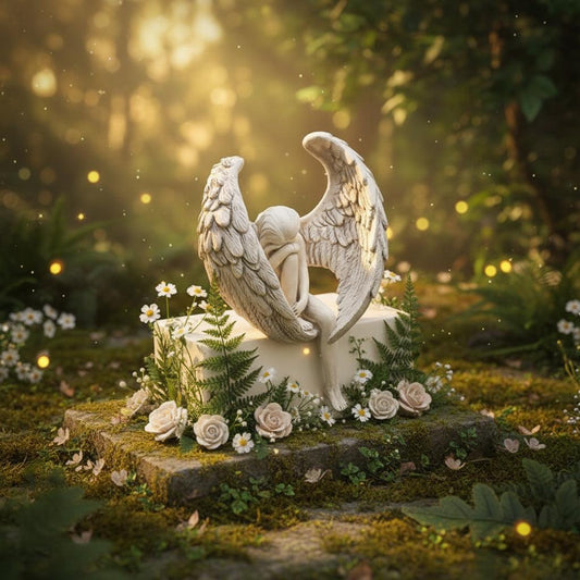 Statue of an angel with spread wings on a white pedestal against a gray background