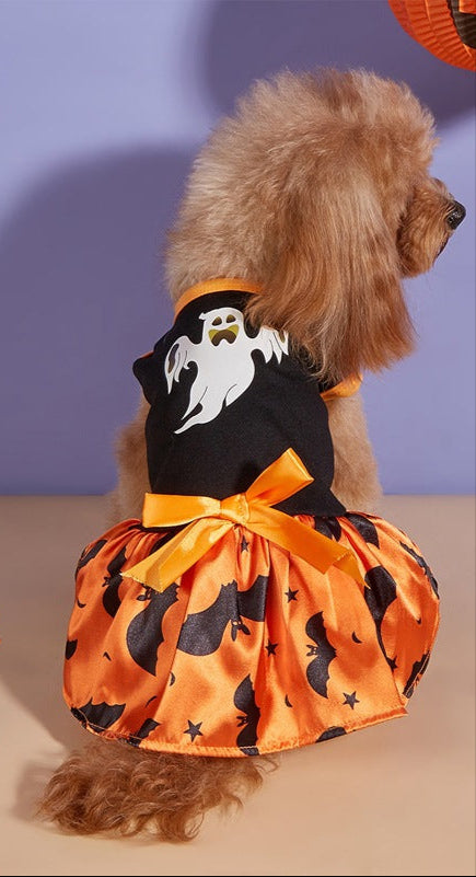 Halloween-themed pet dress with ghost design on a dog