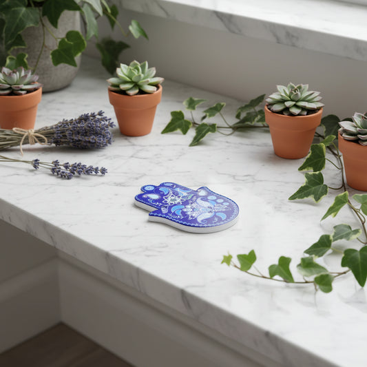 Decorative Hamsa hand with intricate blue patterns on a white background