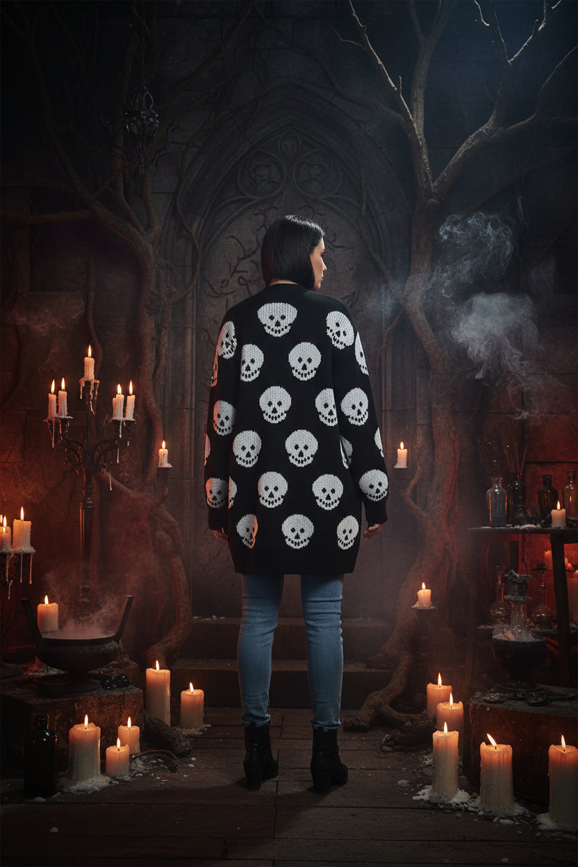 Black cardigan with white skull patterns worn by a person on a white background