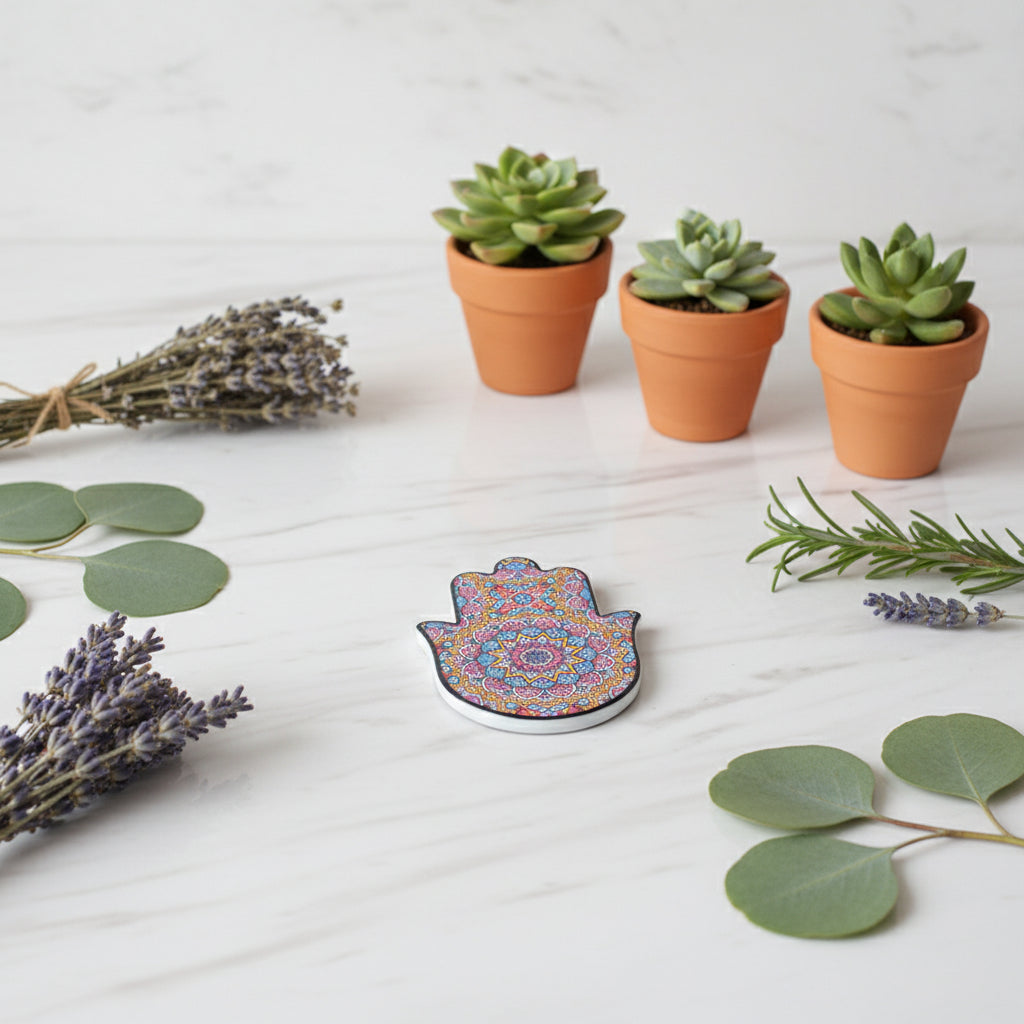 Colorful Hamsa hand with intricate patterns on a white background