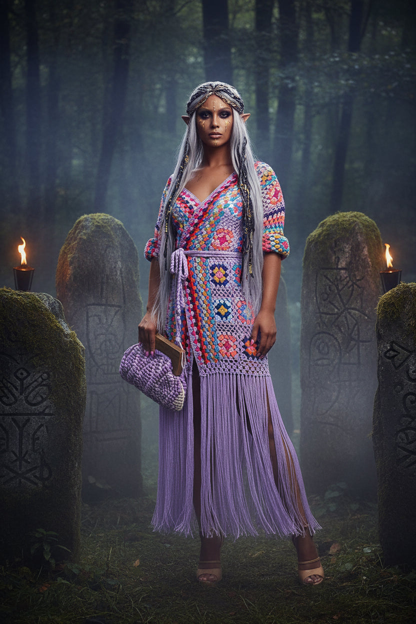 Person wearing a colorful crochet dress with a matching clutch against a tiled wall background.