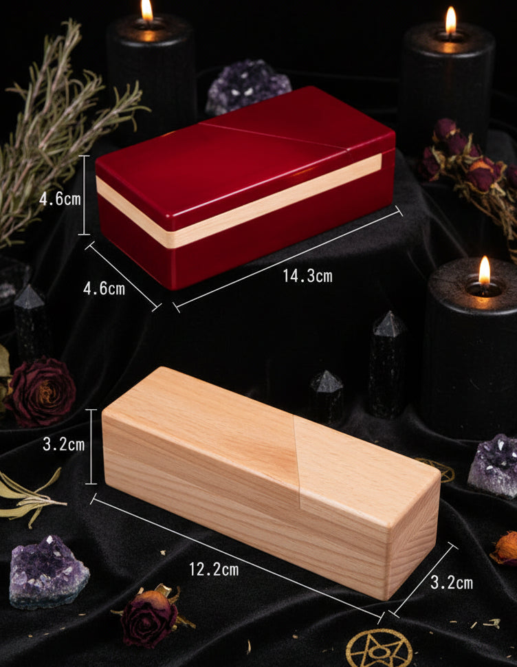 Red and wooden rectangular boxes with dimensions labeled on a white background