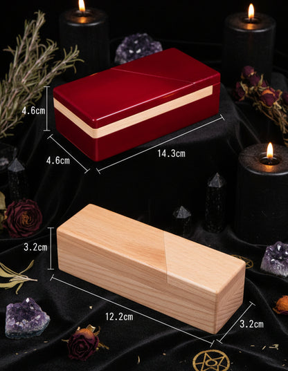 Red and wooden rectangular boxes with dimensions labeled on a white background