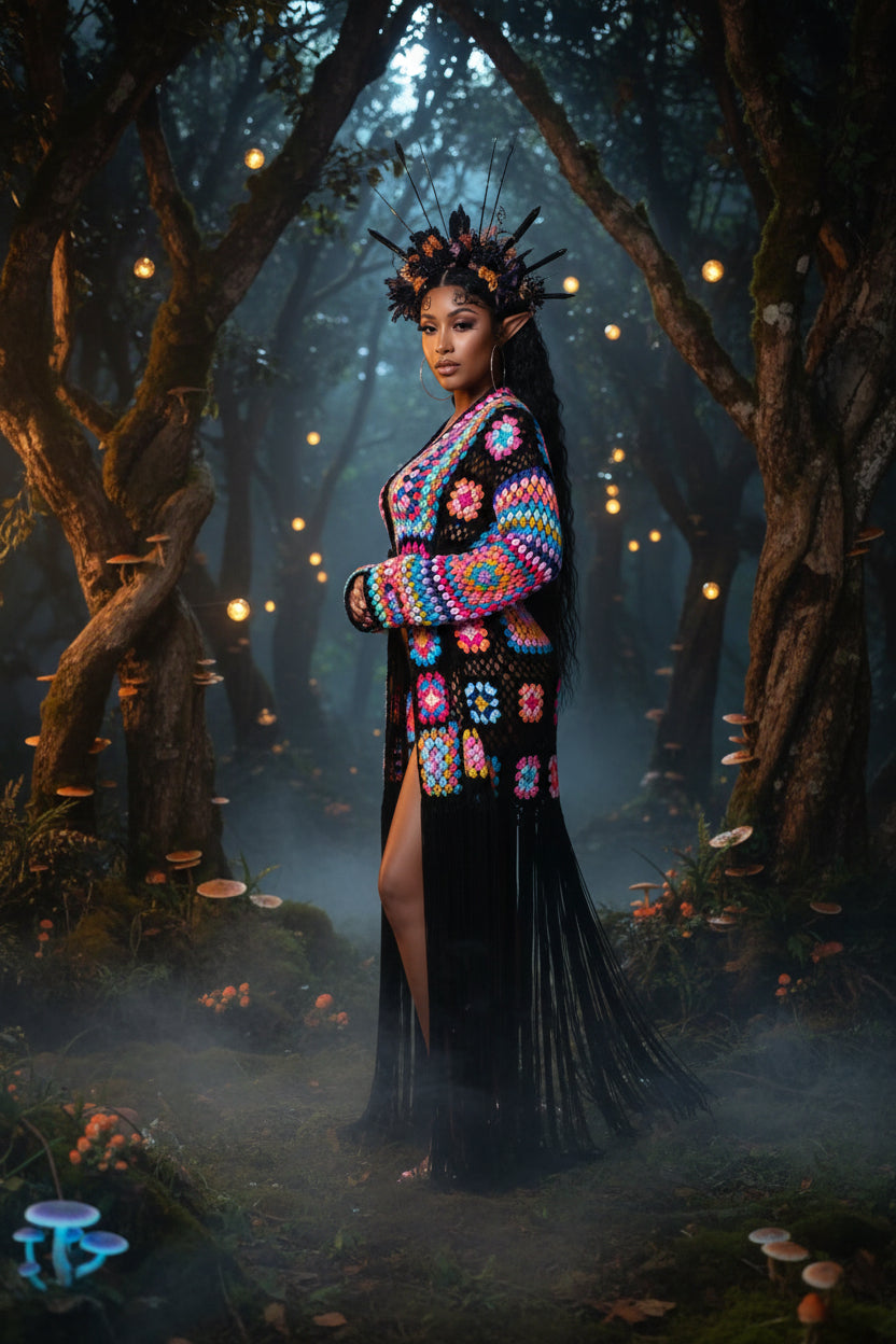 Woman wearing a colorful crochet jacket and black skirt on a gray background