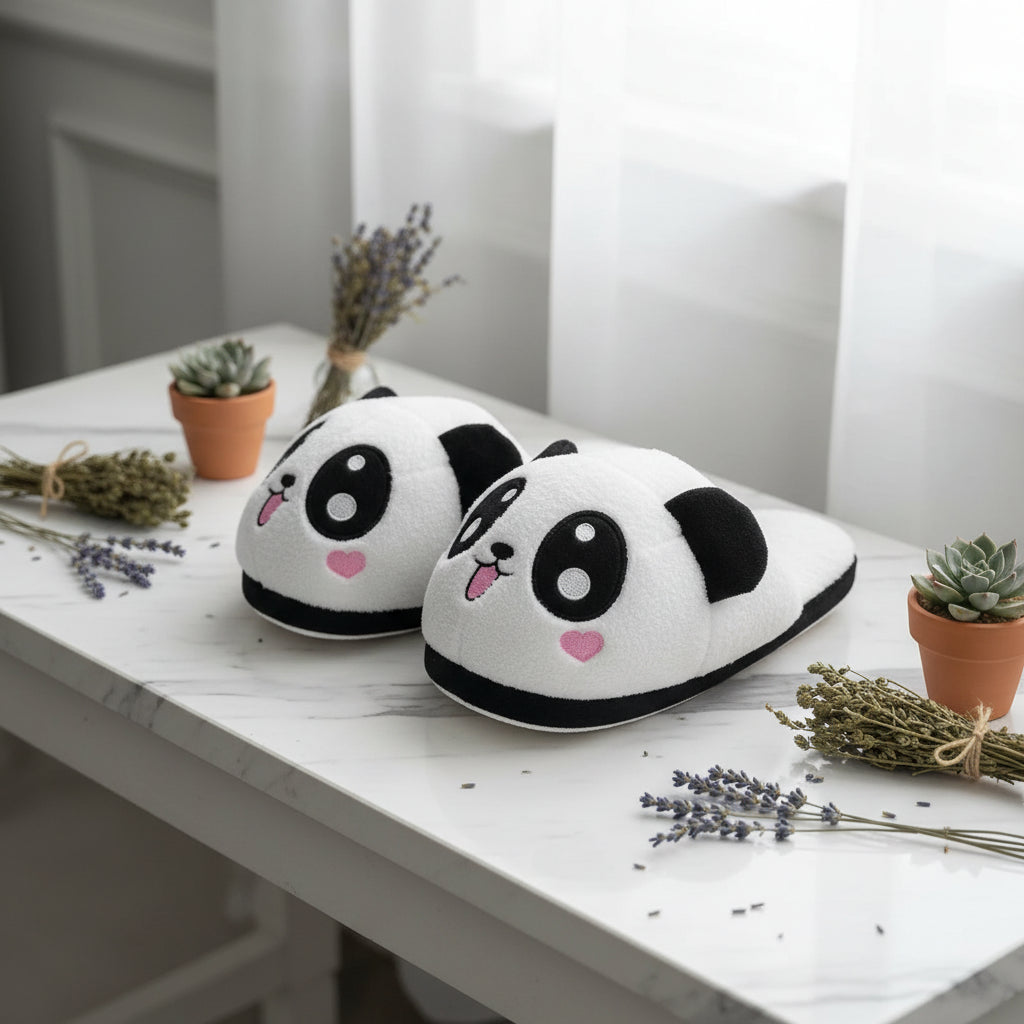 Pair of panda-shaped slippers on a white background