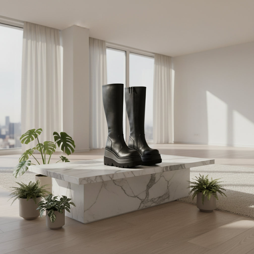 Black knee-high boots on a light gray background